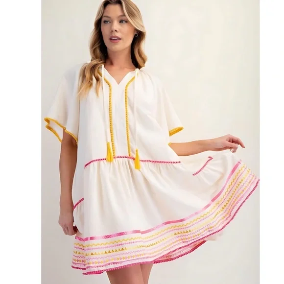 NEW! Easel Cotton Embroidered Pom Pom Trim Flutter Sleeves Pocket Dress! - Picture 1 of 5